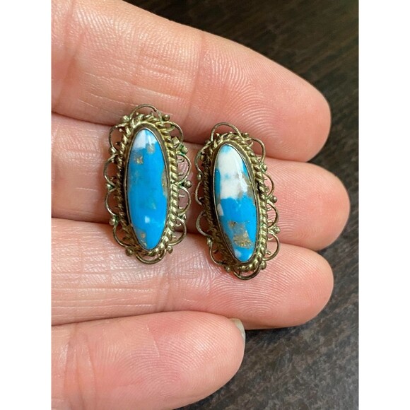 Vintage Sterling 925 Turquoise Matrix Earrings Pierced Spotted Blue Filigree - Picture 1 of 5